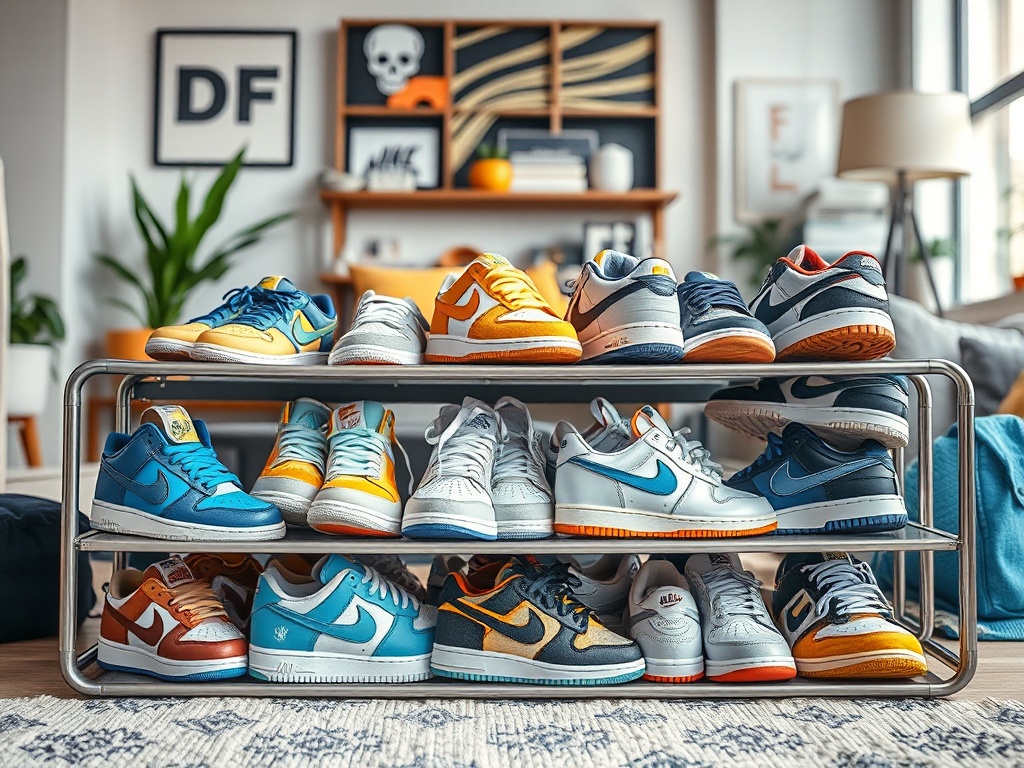 O rând de pantofi sport, de diferite culori, așezați pe un suport metalic într-un interior modern.
