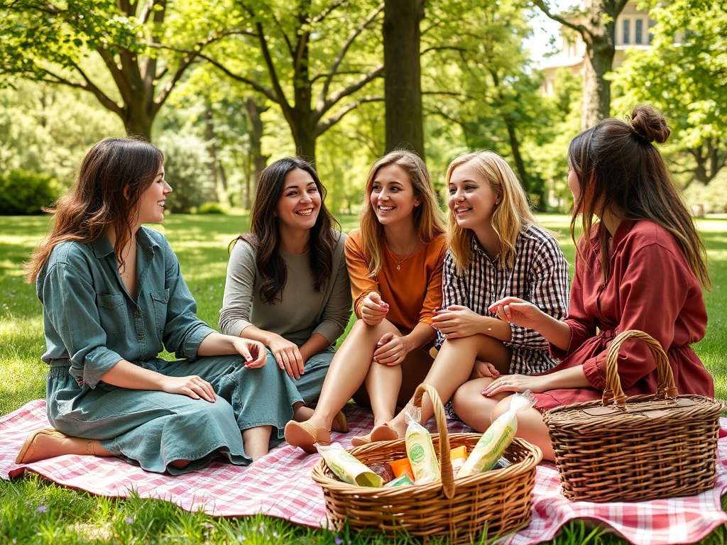 Cinci prietene se bucură de un picnic într-un parc, zâmbind și discutând, cu coșuri pline de alimente.