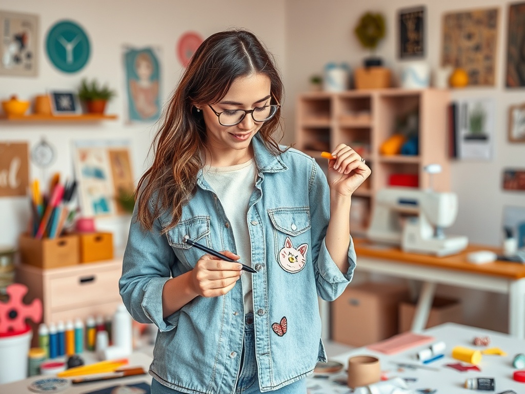 O tânără cu o jachetă de blugi decorată, ținând un creion și zâmbind în atelierul său plin de materiale de artă.